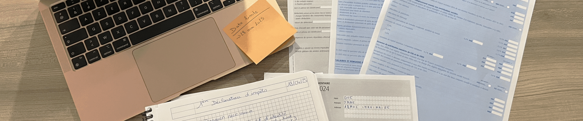 Bureau vu du dessus avec papier d'impôts, ordinateur et calculatrice